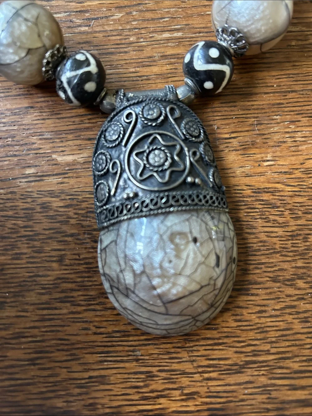 Handcrafted Stone and Silver-Tone Pendant Necklace in Browns, Cream, and silvers